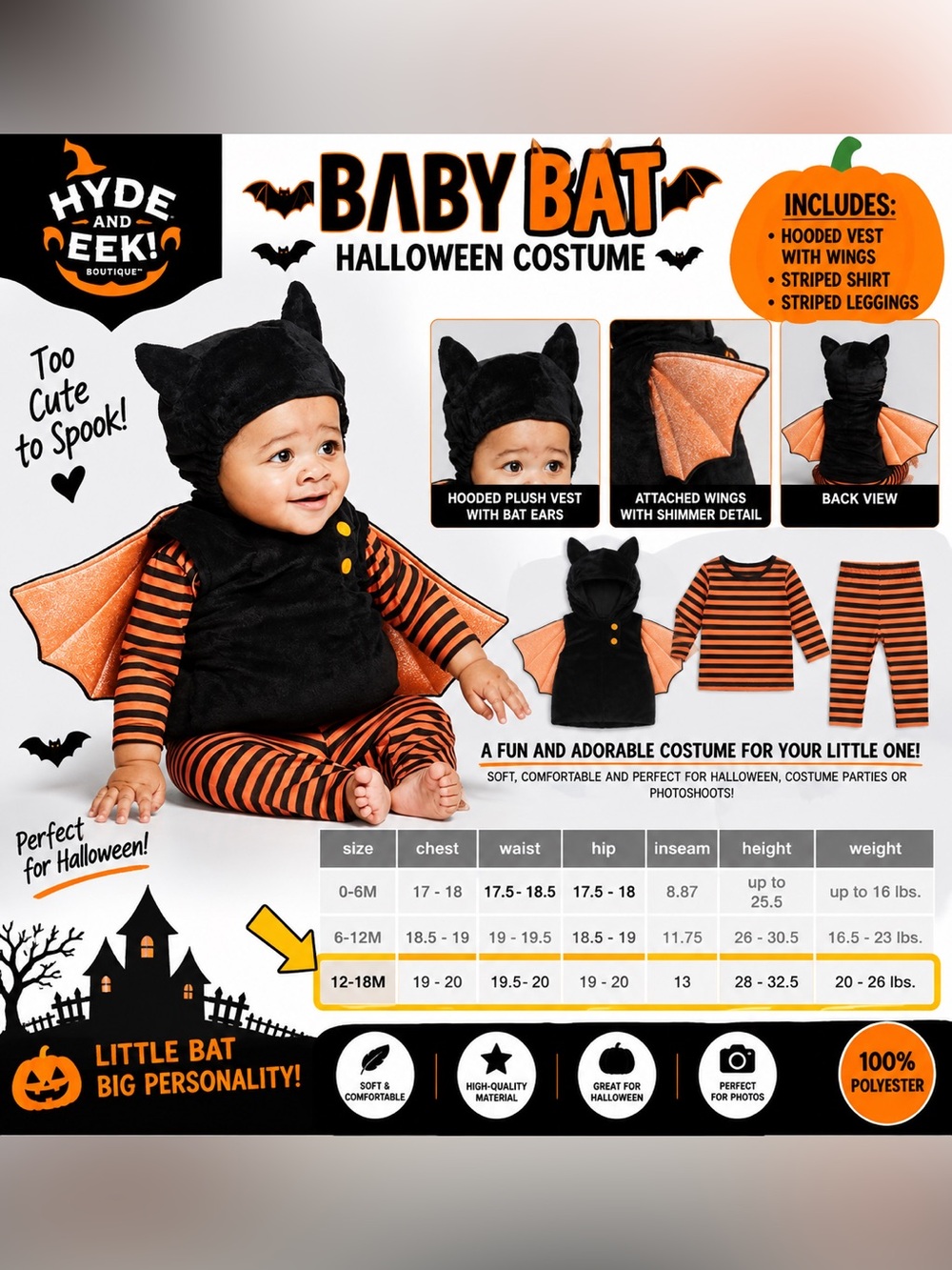 HYDE & EEK! BABY BAT HALLOWEEN COSTUME - BLACK SIZE 12M/18M (NEW WITH TAGS)